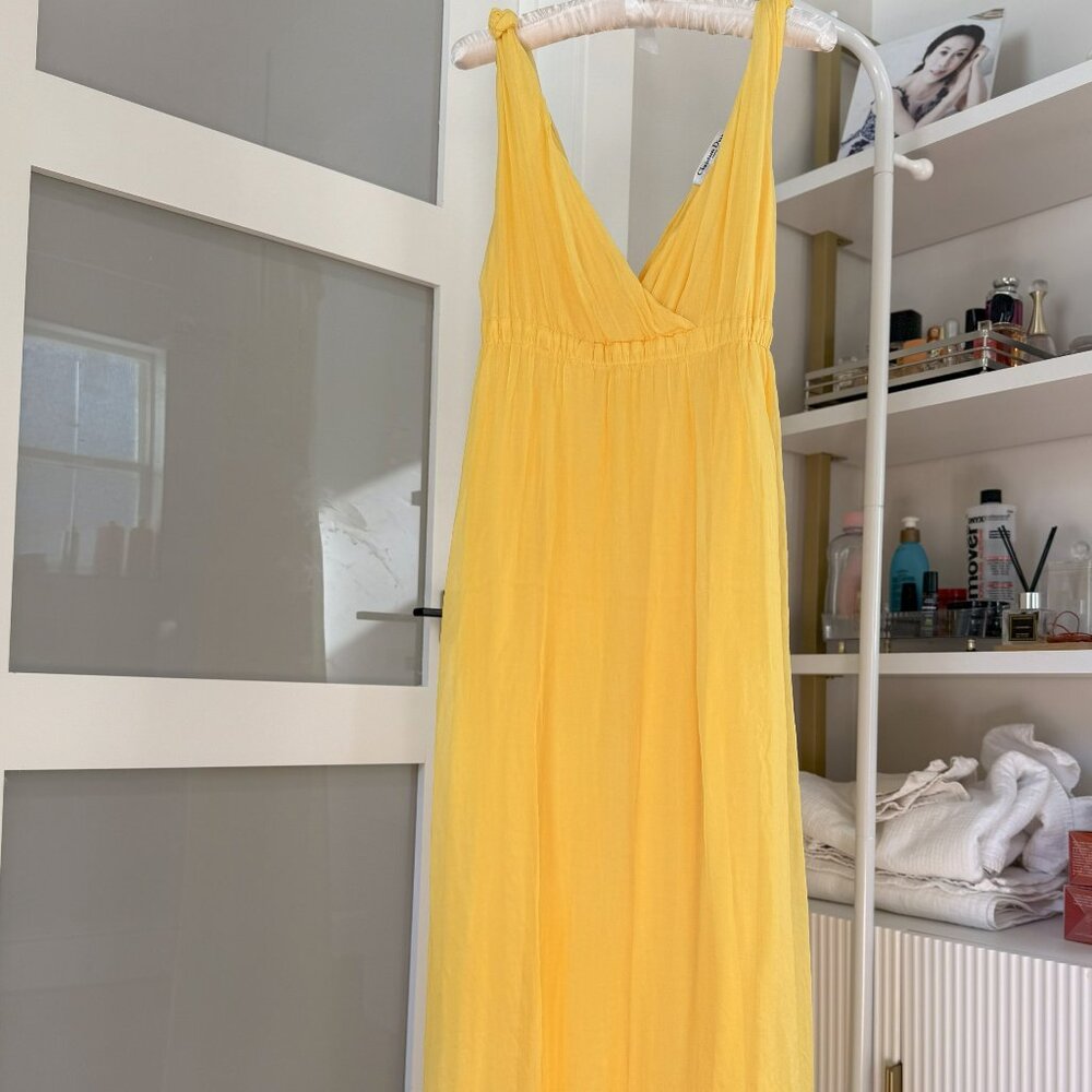 Christian Dior Yellow Silk Chiffon Plunge Neck Maxi Dress